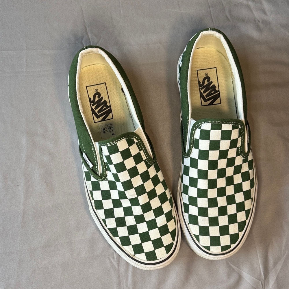 Vans Green and White Checkered Slip-Ons